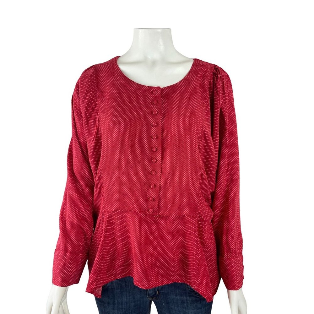 Anthropologie Maeve Chatham Peplum Top Large Dolman Long Sleeve Red Polka Dot Sh